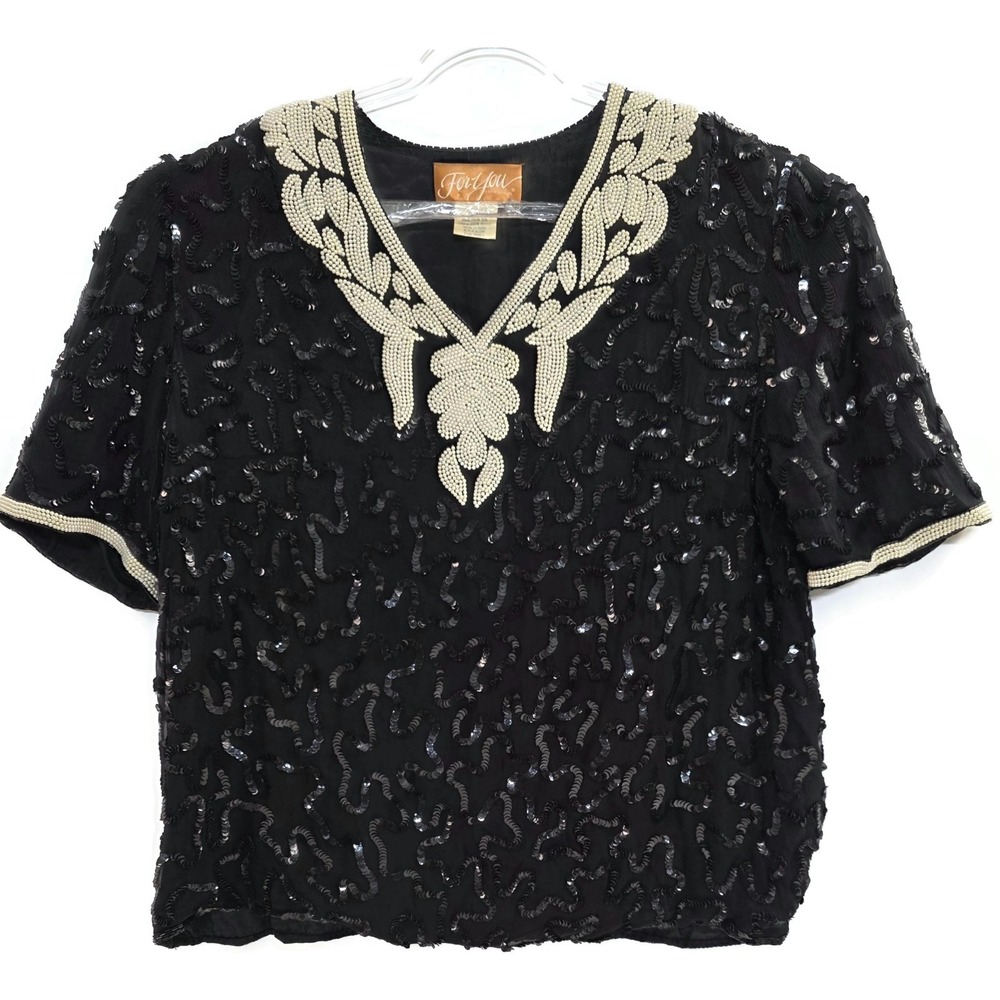 For You‎ Sequin Beaded Blouse Womens 1X Black Silk Short Sleeve Party Top